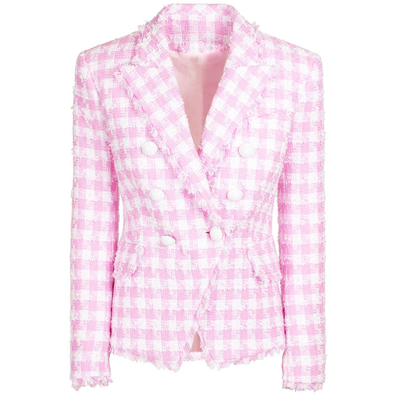 Spot 2022 new temperament women's jacket lion buckle houndstooth woolen loose beard edge slim suit jacket