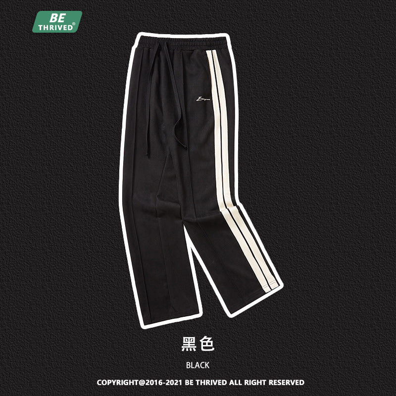 BE Men's Wear | 2023 Autumn and Winter Suede Side Web Embroidered Trousers American Classic Versatile Straight Casual Pants