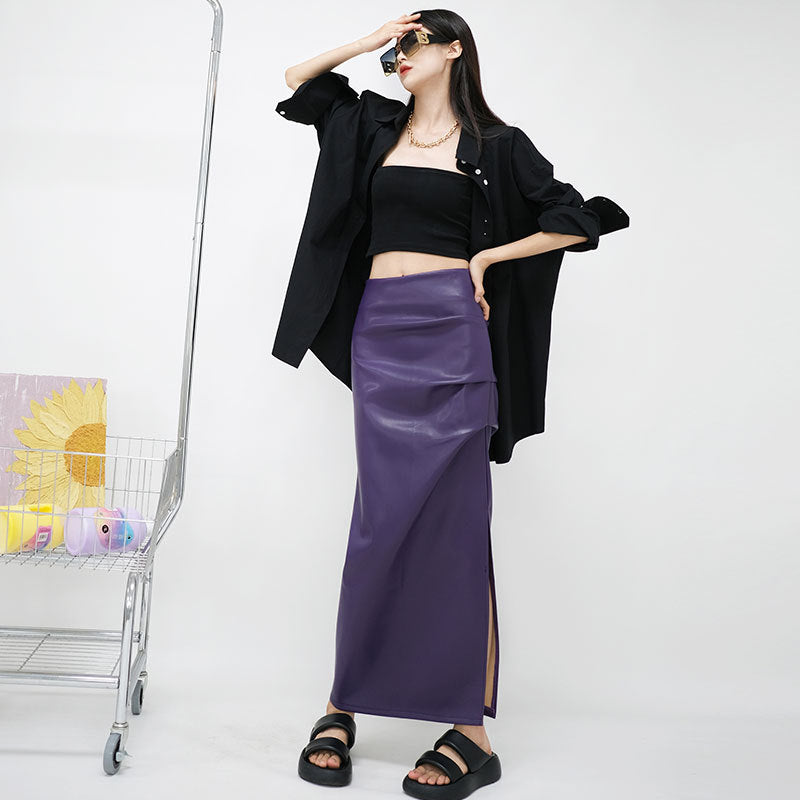 Real shot of autumn high-waist pleated slit hip-covering slimming A-line medium-length half-length leather skirt for women extended version