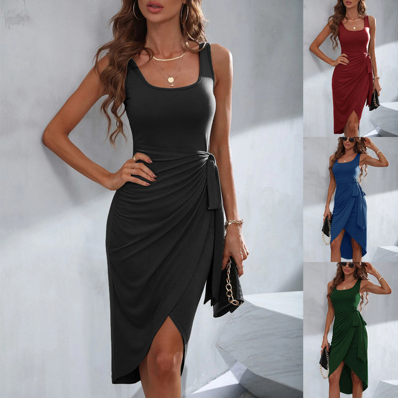 Amazon European and American clothing 2023 cross-border new square neck strap irregular hem suspender dress mid-skirt
