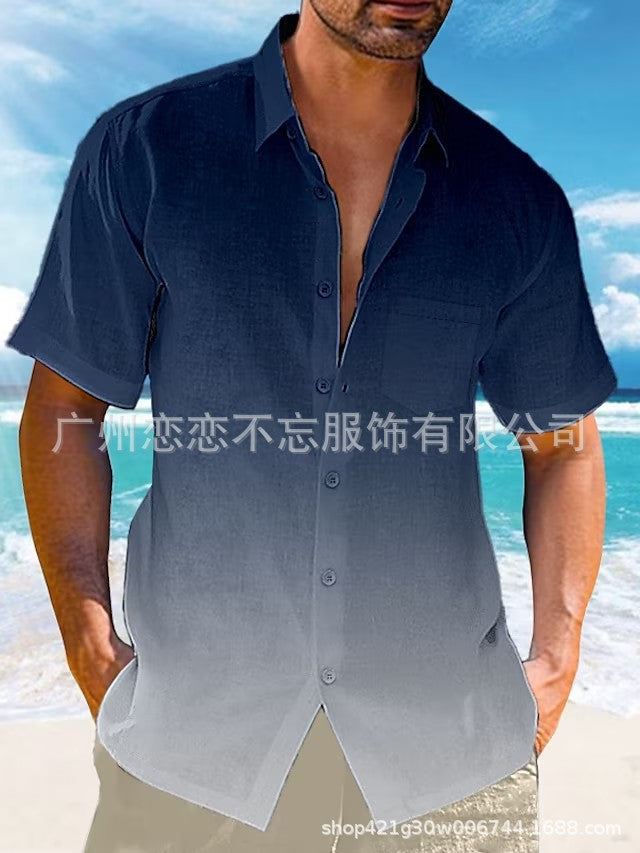 2024 Amazon eBay hot selling summer lapel gradient print short sleeve button linen shirt men's wear