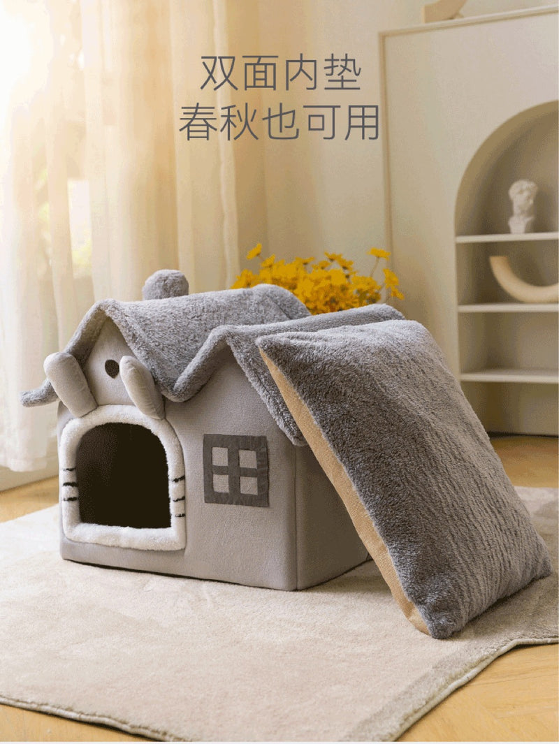 Cat house with double roof, house-type dog house, universal house for all seasons, small dog bed to keep warm, removable and washable pet supplies