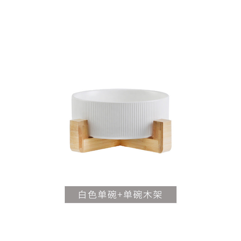 Ceramic pet bowl, simple cat and dog integrated wooden frame, double bowl, cat food bowl, anti-knock drinking bowl, cross-border wholesale