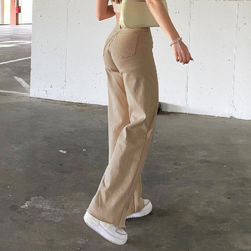 European and American style 2021 new solid color jeans women drape loose and thin high-waist straight-leg pants women casual trousers