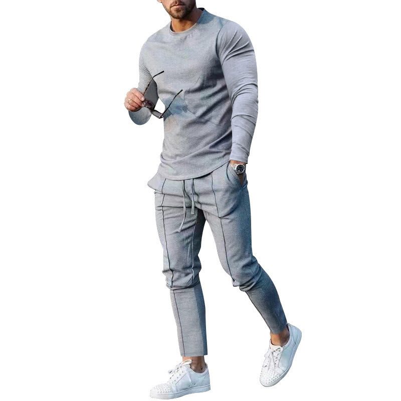 European goods foreign trade men's clothing suit spring and autumn style two-piece suit round neck long-sleeved T-shirt trousers suit men's autumn casual wear