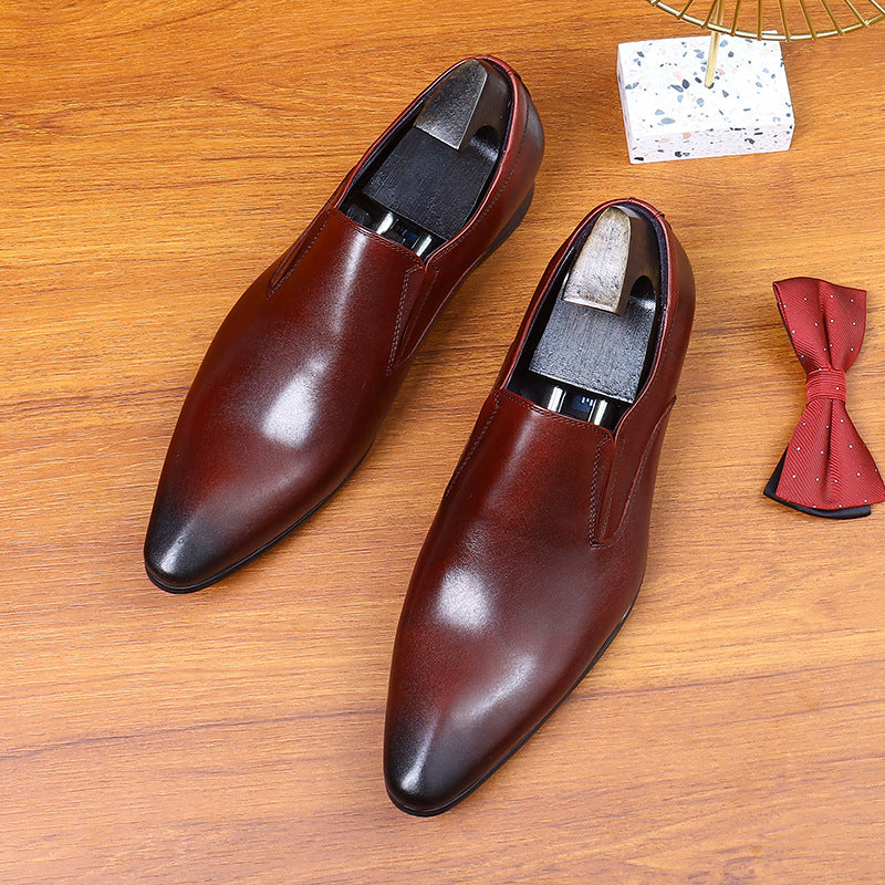 Pointed leather shoes men's business formal genuine leather first layer leather slip-on casual shoes brown British lazy loafers