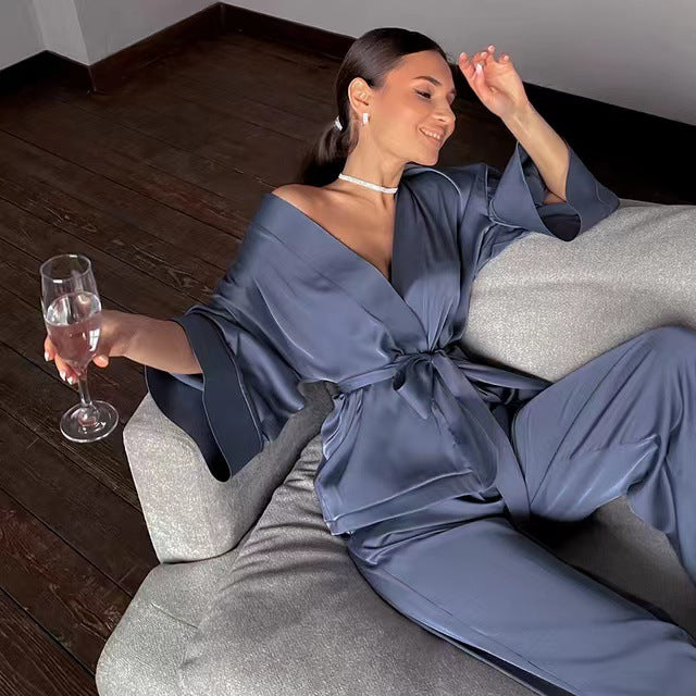 European and American foreign trade sexy lingerie, women's nightgown, sexy home pajamas, stretch satin top and pants two-piece set