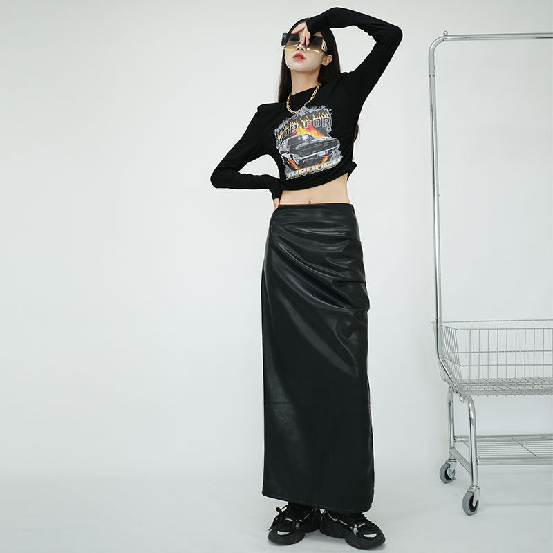 Real shot of autumn high-waist pleated slit hip-covering slimming A-line medium-length half-length leather skirt for women extended version