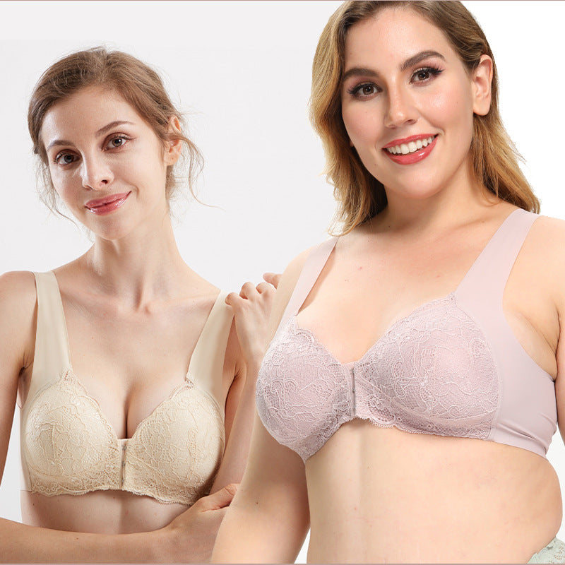 Cross-border plus size underwear without steel ring bra front buckle seamless vest lace beautiful back plus size underwear nursing bra