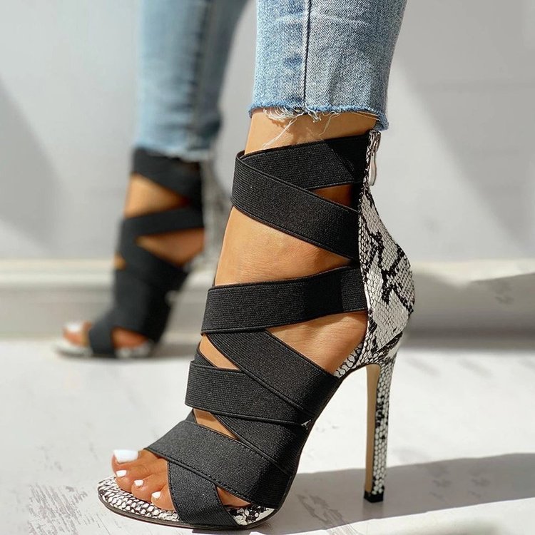 High-heeled shoes women's summer European and American Roman style super high-heeled stiletto elastic belt bag heel and back zipper sandals wholesale