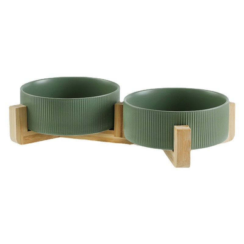 Ceramic pet bowl, simple cat and dog integrated wooden frame, double bowl, cat food bowl, anti-knock drinking bowl, cross-border wholesale