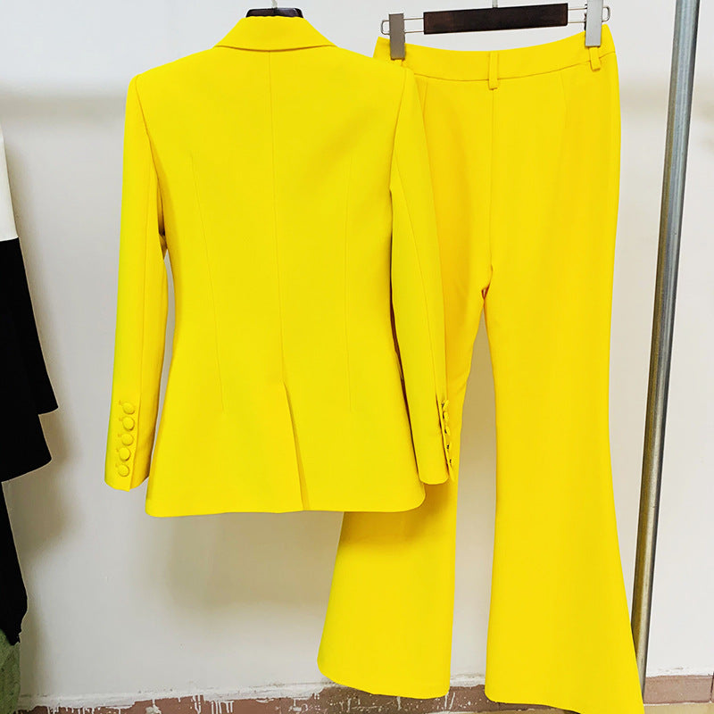 2021 European and American star professional wear fashion one button cloth button mid-length suit + flared pants two-piece suit