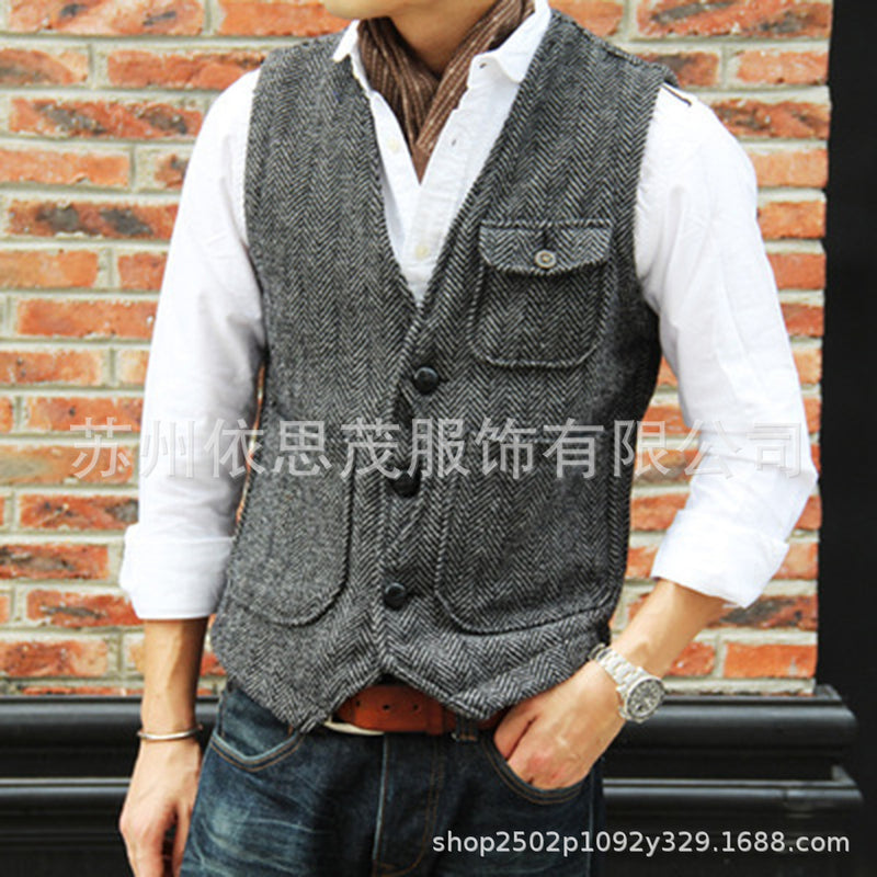 Spot popular herringbone pattern men's suit vest, single-row four-button vest, foreign trade vest on AliExpress