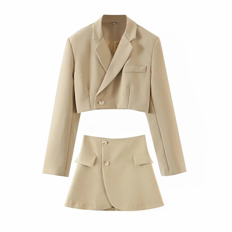ins fashion casual suit suit female 2021 spring new oblique button short suit jacket + high waist pocket skirt