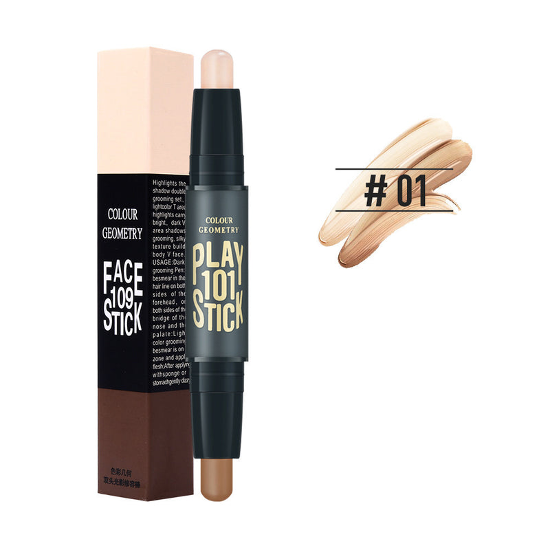 Lamela 1002 double-ended high-gloss contouring stick for women, dual-purpose nose shadow contouring stick, high-gloss powder concealer, shadow for small V face