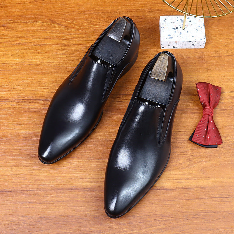 Pointed leather shoes men's business formal genuine leather first layer leather slip-on casual shoes brown British lazy loafers