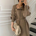Japanese and Korean lace-up waist knitted dress 2021 autumn and winter new loose and thin all-match turtleneck long sweater women